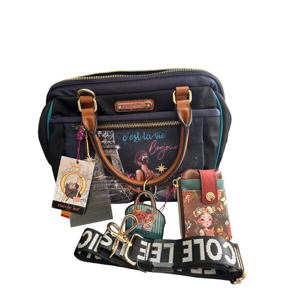 Nicole Lee USA CEst La Vie Bonjour Satchel Handbag W/ Polka Dot Lining & Matchin - Picture 4 of 12